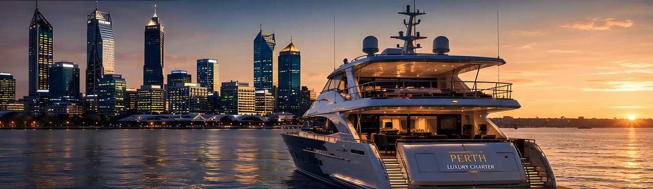 Luxury Perth charter yacht at sunset