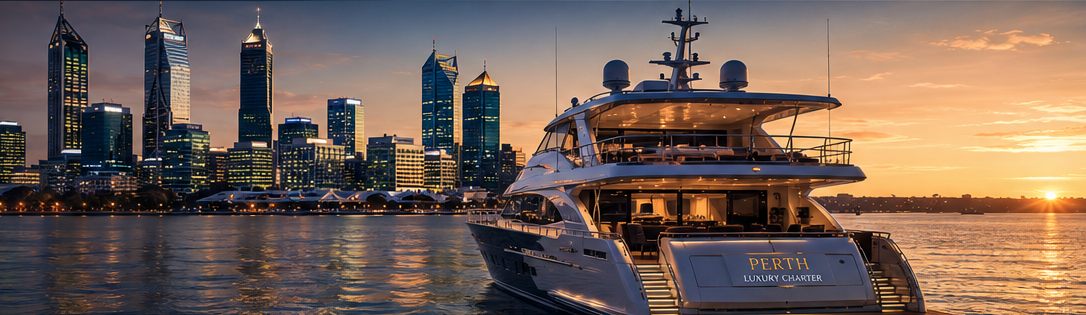Luxury yacht on the Swan River at sunset with the Perth skyline
